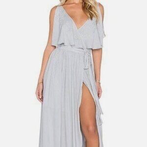Free People Blue Gray Embroidered Fiona Maxi True Wrap Dress
